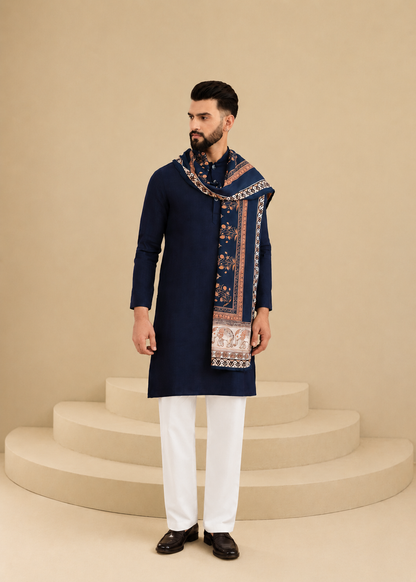 Blue 3-Piece Kurta Set for Men with Pashmina Dupatta