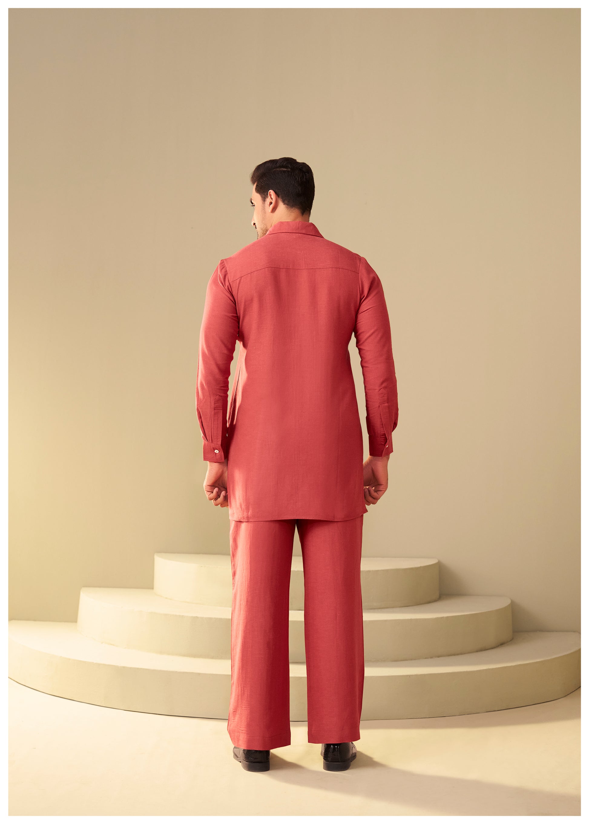 Rust Linen Co-Ord Set for Men Side View – Shirt Collar Ethnoir India