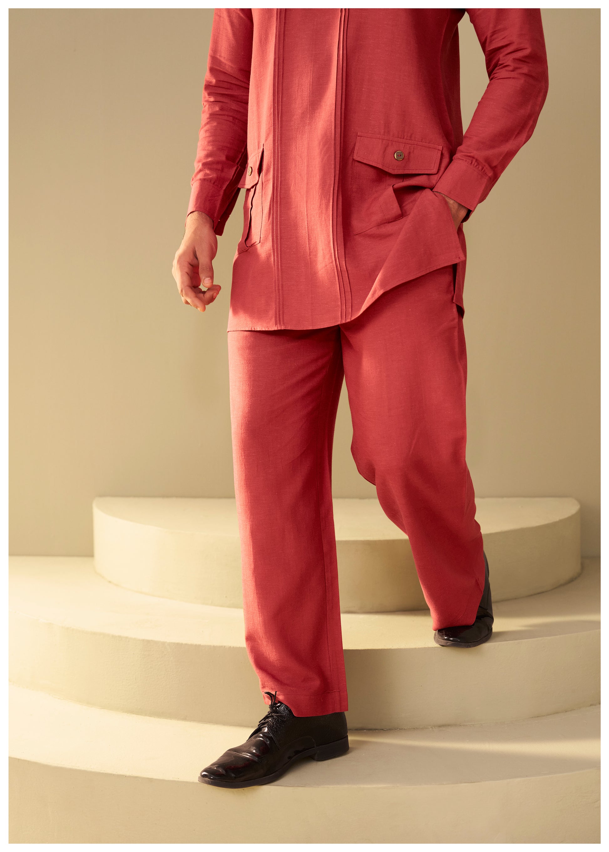 Rust Cotton Linen Kurta Set Men Back View – Ethnoir Ethnic Wear