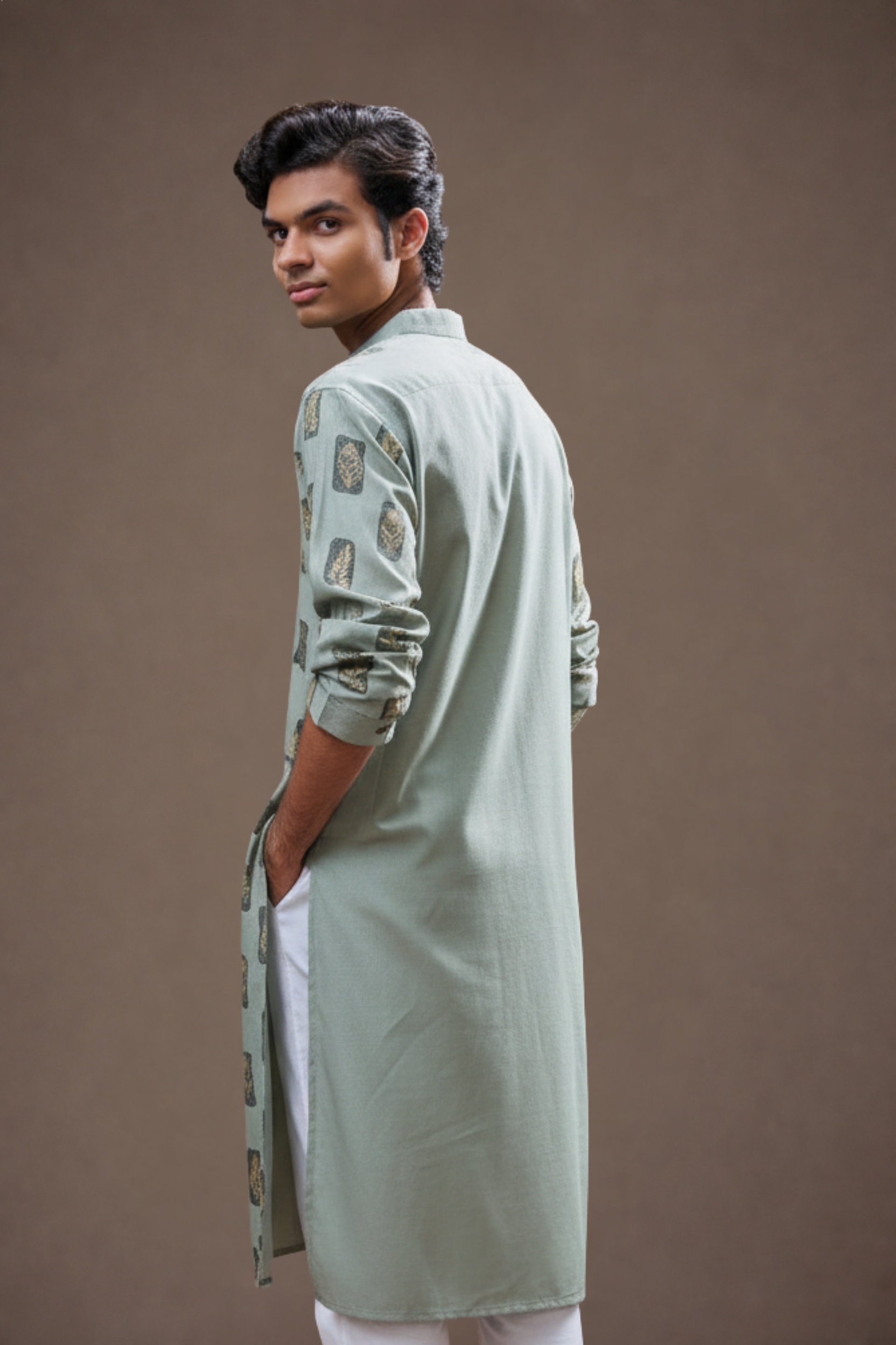 Green Tropical Print Mandarin Collar Kurta Men Ethnic Wear – Ethnoir India