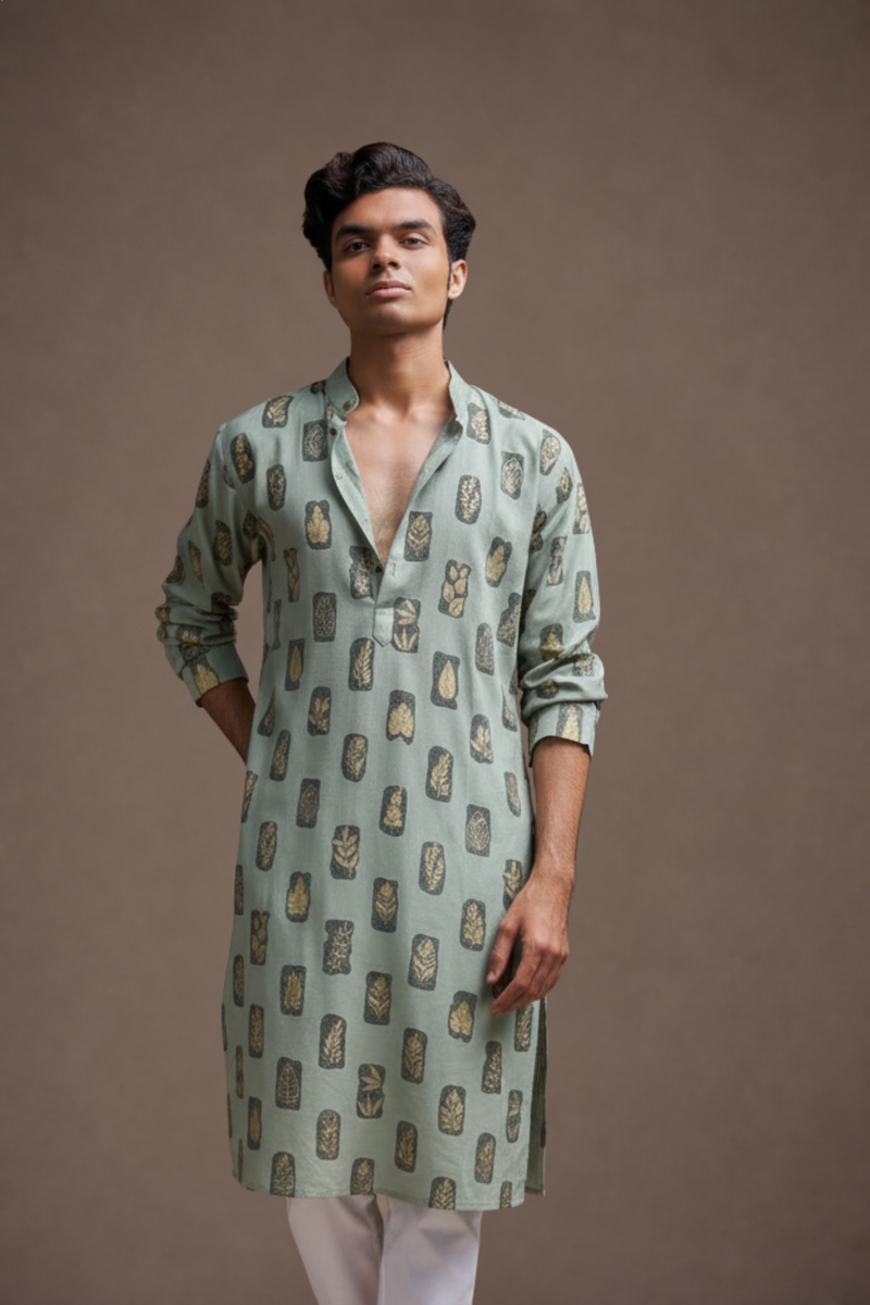 Green Tropical Printed Kurta for Men Mandarin Collar Rayon – Ethnoir