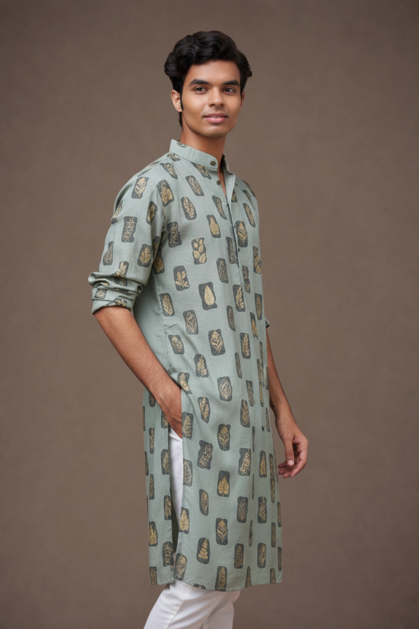 Green Tropical Printed Kurta for Men Side View – Rayon Ethnoir India