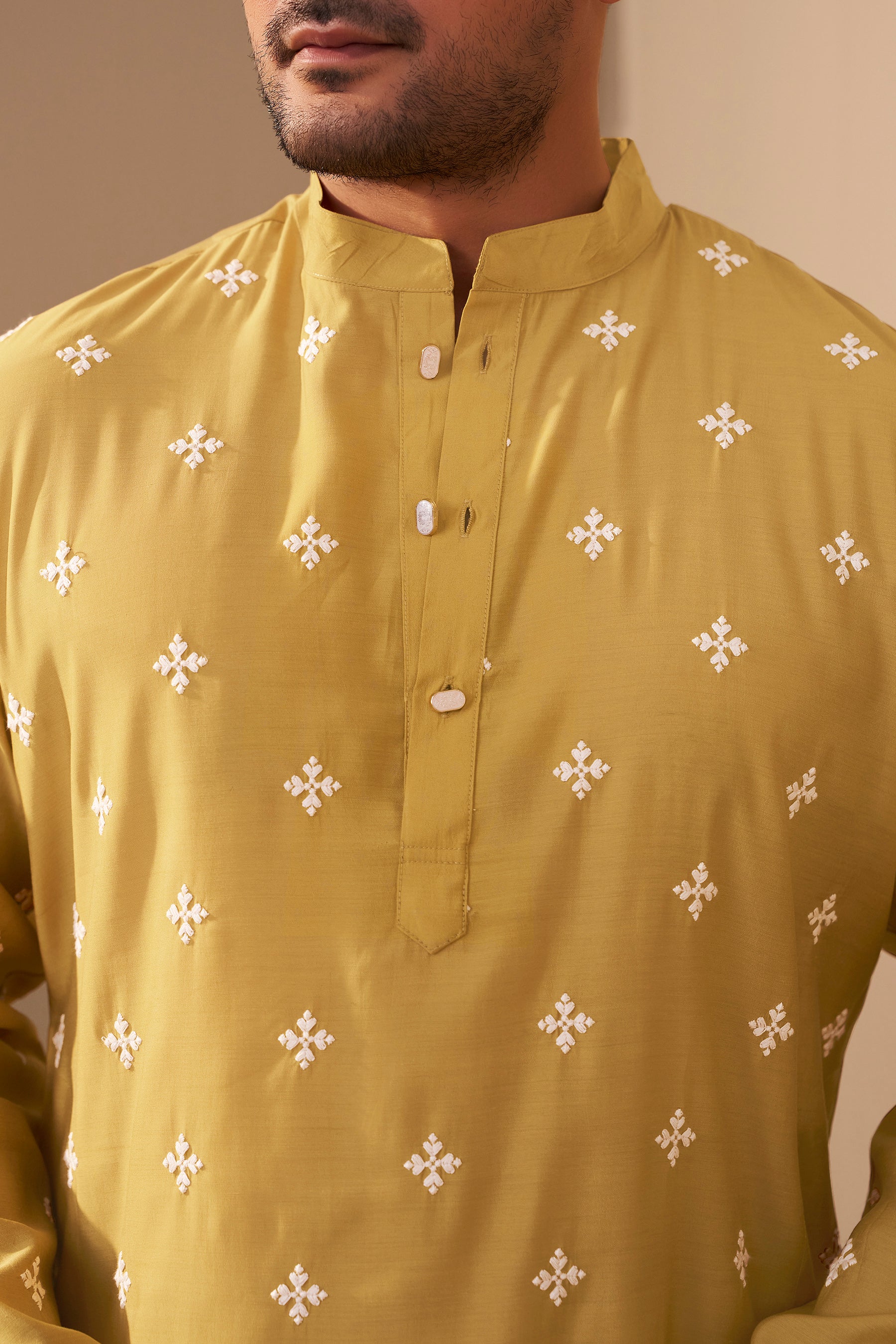 Mustard Embroidered Kurta Men Detail – Festive Ethnic Ethnoir India