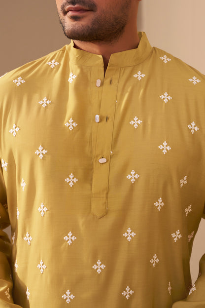 Mustard Embroidered Kurta Men Detail – Festive Ethnic Ethnoir India