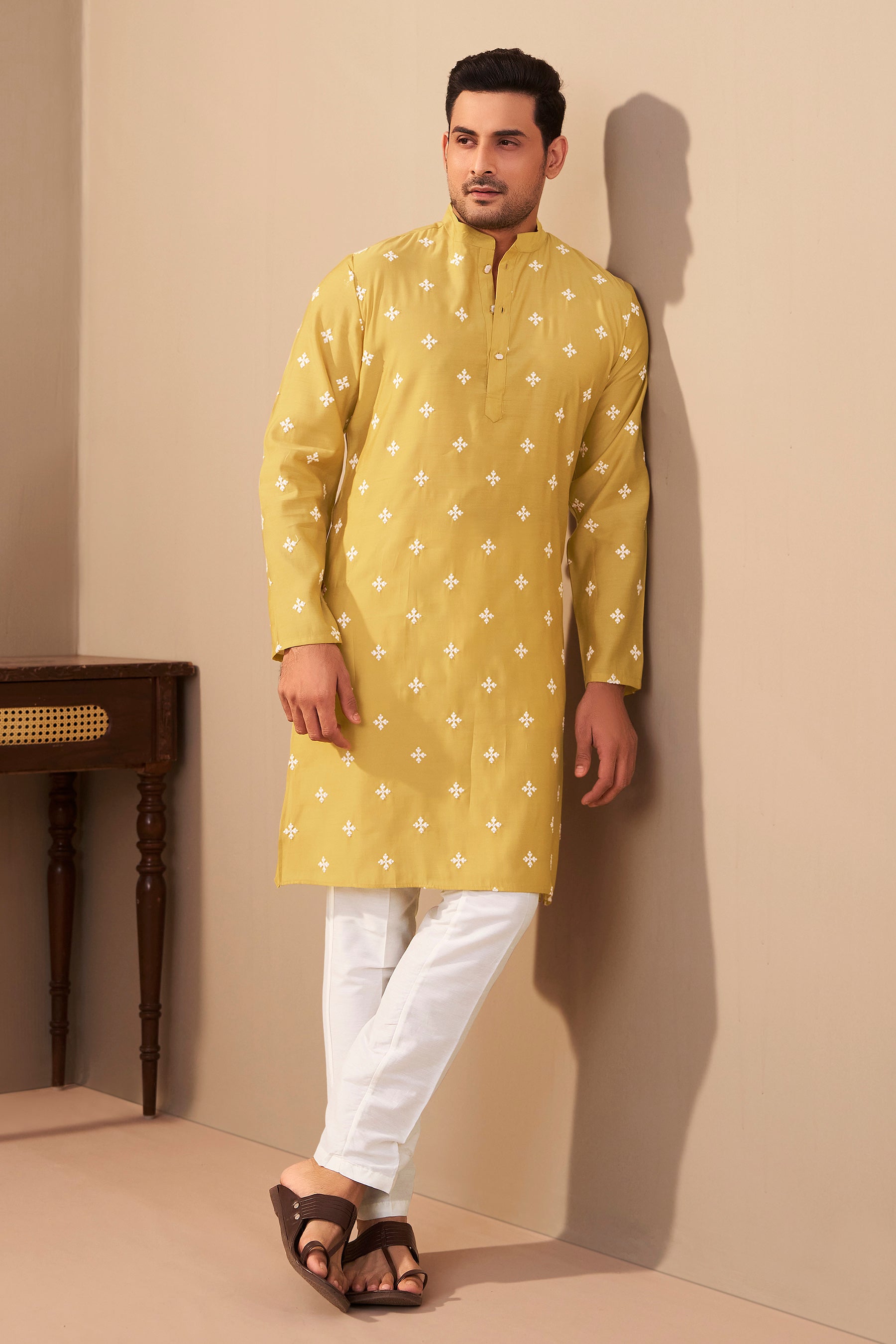 Mustard Roman Silk Kurta Men Festive Wedding Ethnic Wear – Ethnoir India