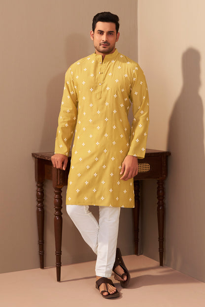 Mustard Silk Embroidered Mandarin Collar Kurta for Men – Ethnoir