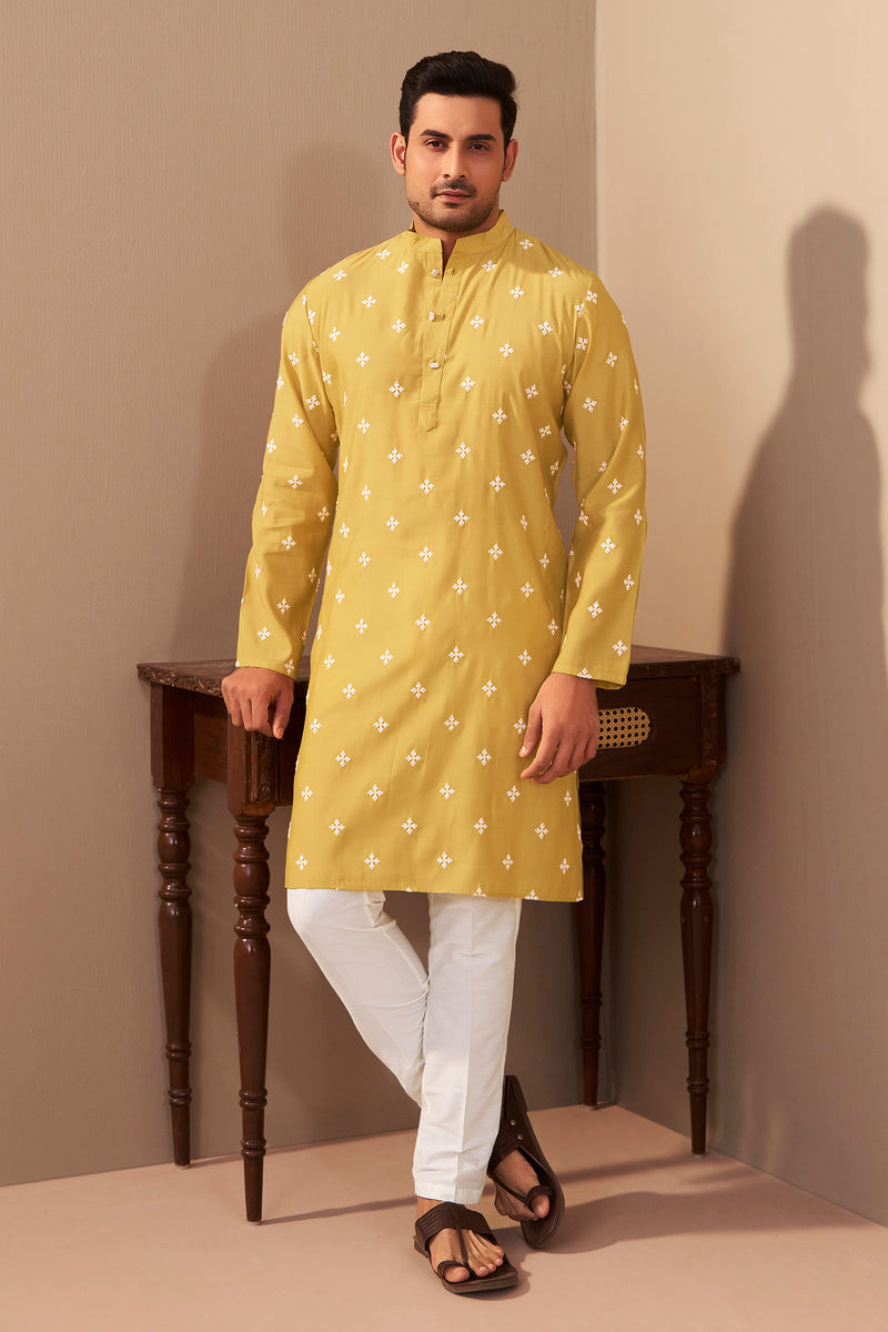Mustard Silk Embroidered Mandarin Collar Kurta for Men – Ethnoir