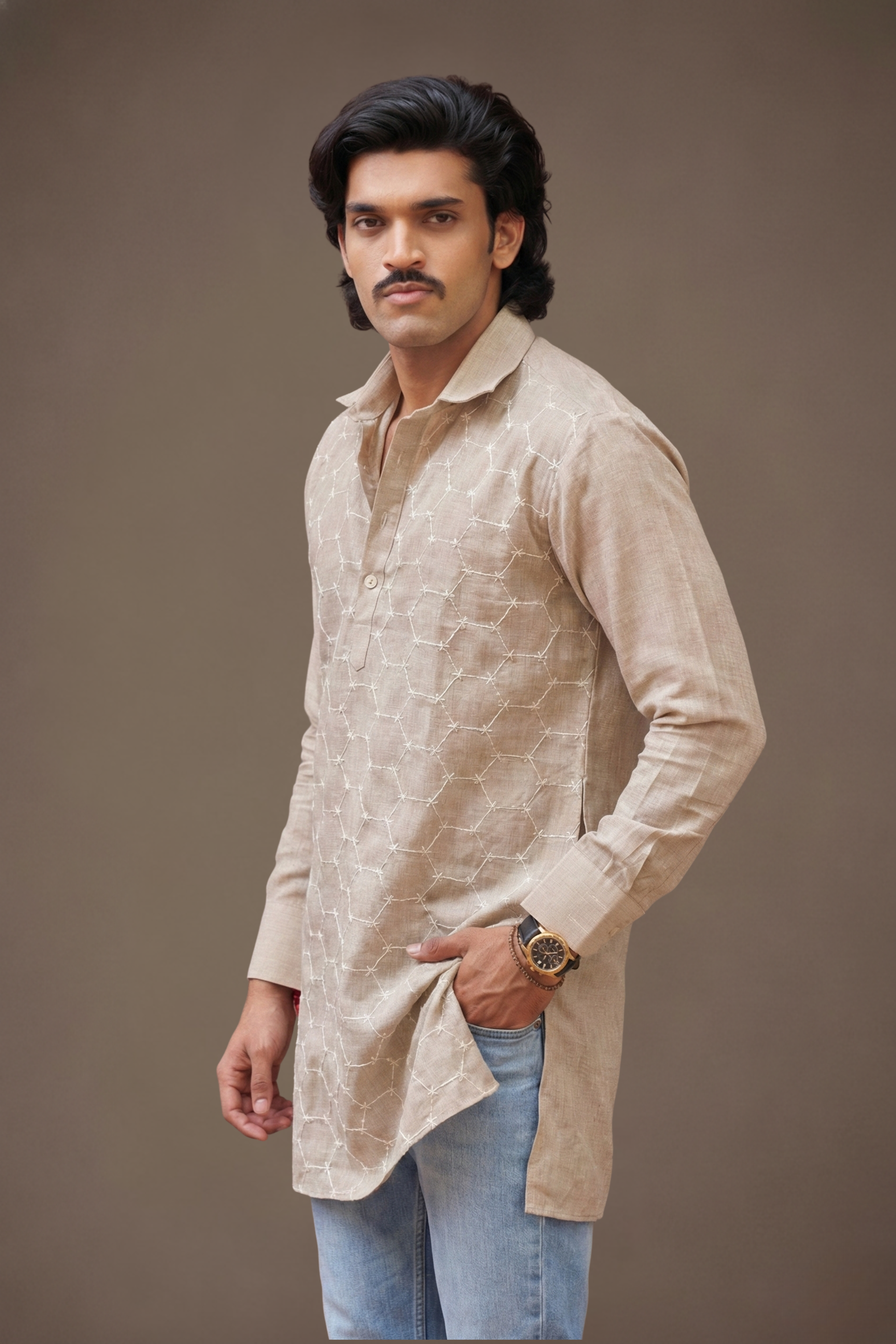 Beige Embroidered Poly Linen Kurta for Men Front View – Ethnoir India