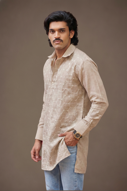 Beige Embroidered Poly Linen Kurta for Men Front View – Ethnoir India