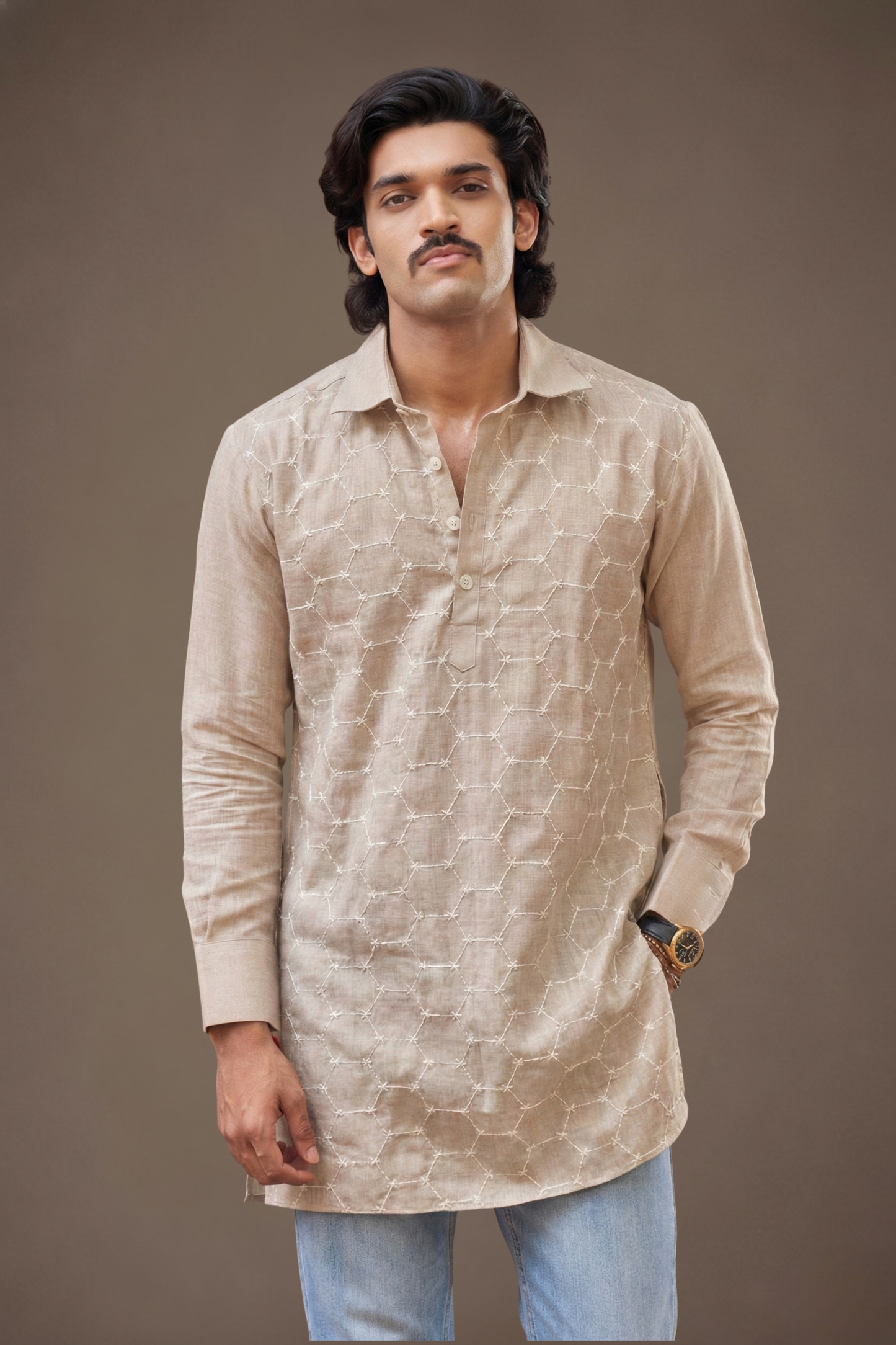 Beige Geometric Embroidered Shirt Collar Kurta for Men – Ethnoir