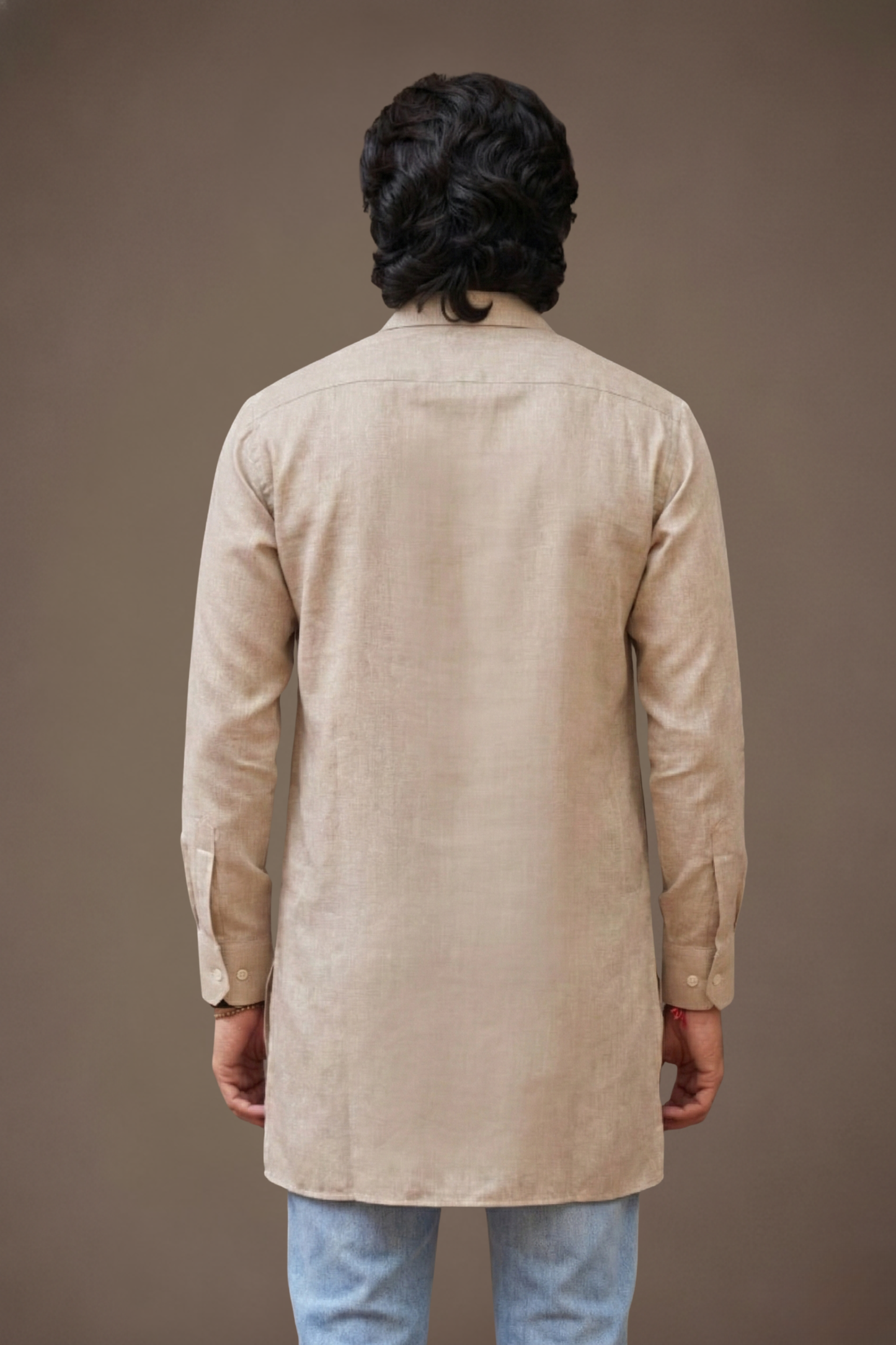 Beige Embroidered Kurta for Men Back View – Poly Linen Ethnoir India