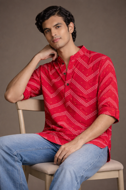 Red Bandhani Kurta Men Back View – Mandarin Collar Ethnoir India
