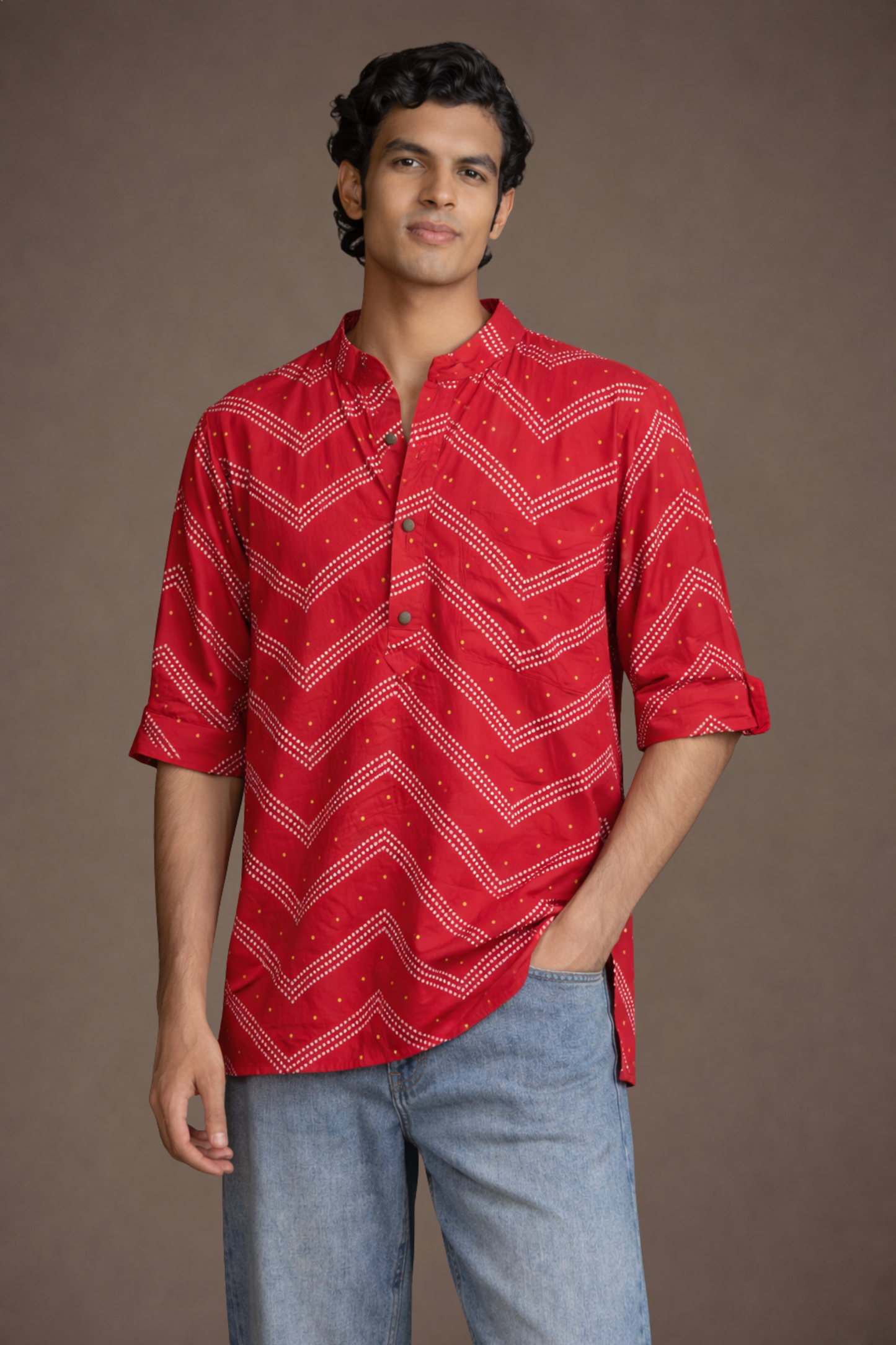 Red Bandhani Printed Short Kurta for Men Mandarin Collar Muslin – Ethnoir