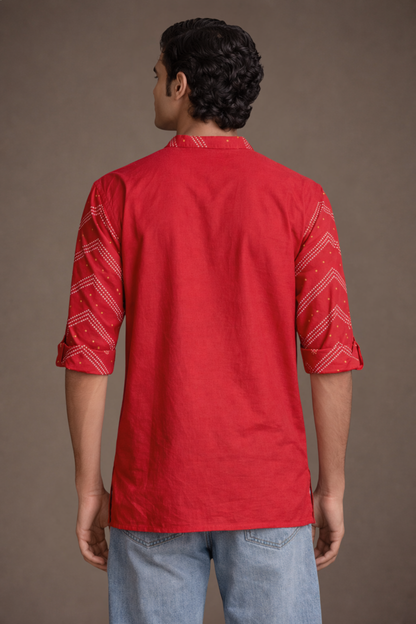 Red Bandhani Short Kurta for Men Side View – Muslin Ethnoir India