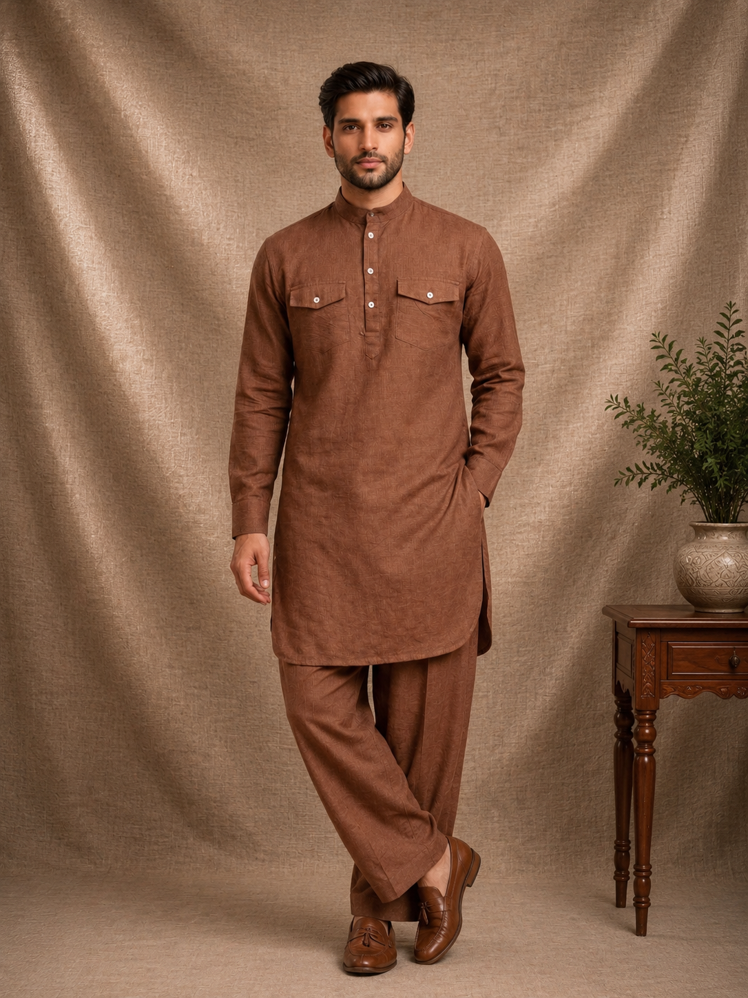 Man wearing brown linen pathani kurta set with chest pockets and matching salwar mandarin collar premium ethnic co-ord Ethnoir