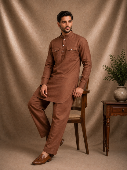 Brown premium linen pathani kurta set for men full sleeve mandarin collar Indian ethnic wear Ethnoir