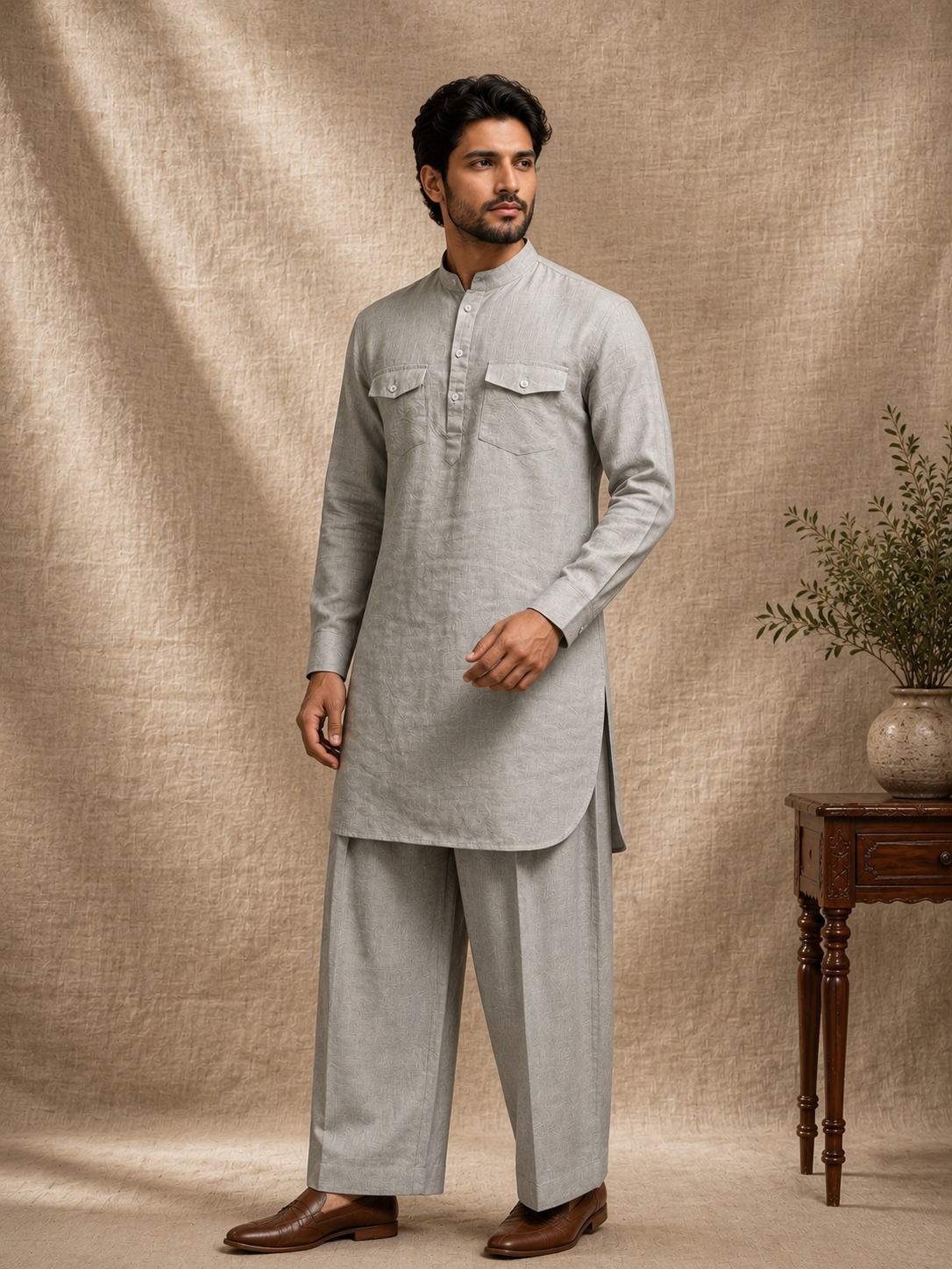Man wearing mist grey linen pathani kurta set with dual chest pockets and matching salwar mandarin collar premium ethnic co-ord Ethnoir