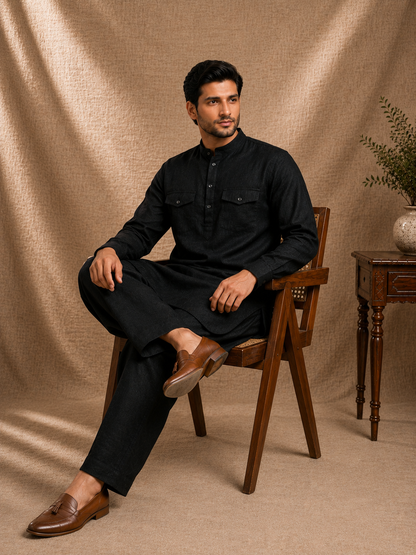 Jet black linen pathani kurta set for men full sleeve mandarin collar with salwar pants premium ethnic wear Ethnoir