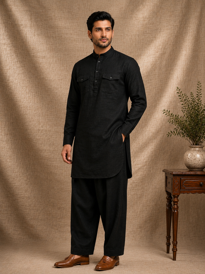 Ethnoir jet black premium linen pathani kurta set men side view dual chest pockets mandarin collar Indian ethnic co-ord