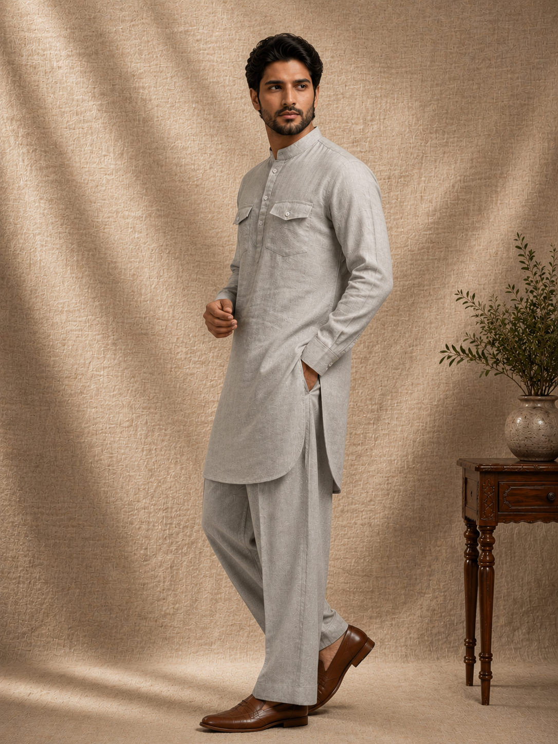 Grey linen pathani kurta set men festive casual ethnic wear mandarin collar Ethnoir premium co-ord relaxed fit