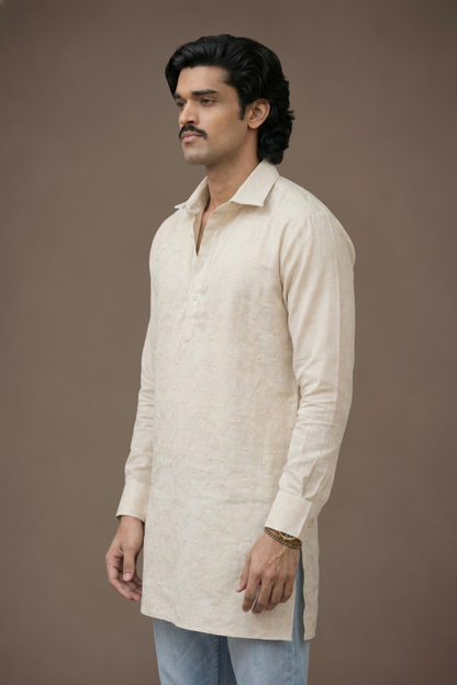 Off White Embroidered Kurta Men Side View – Straight Cut Ethnoir India