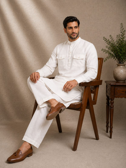 Off white premium linen pathani kurta set for men full sleeve mandarin collar ethnic wear India Ethnoir