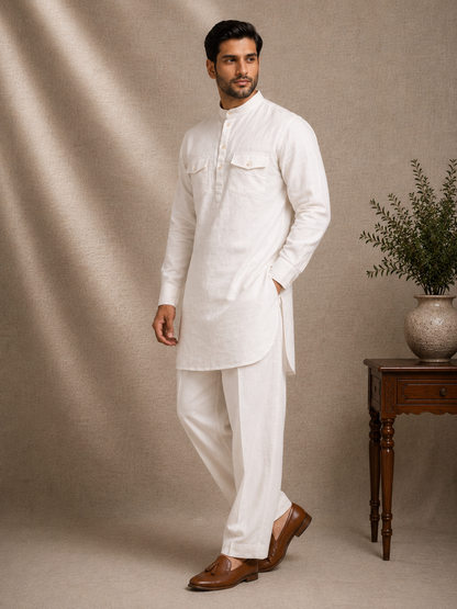 Ethnoir off white linen pathani kurta with salwar front view clean minimalist ethnic co-ord set men